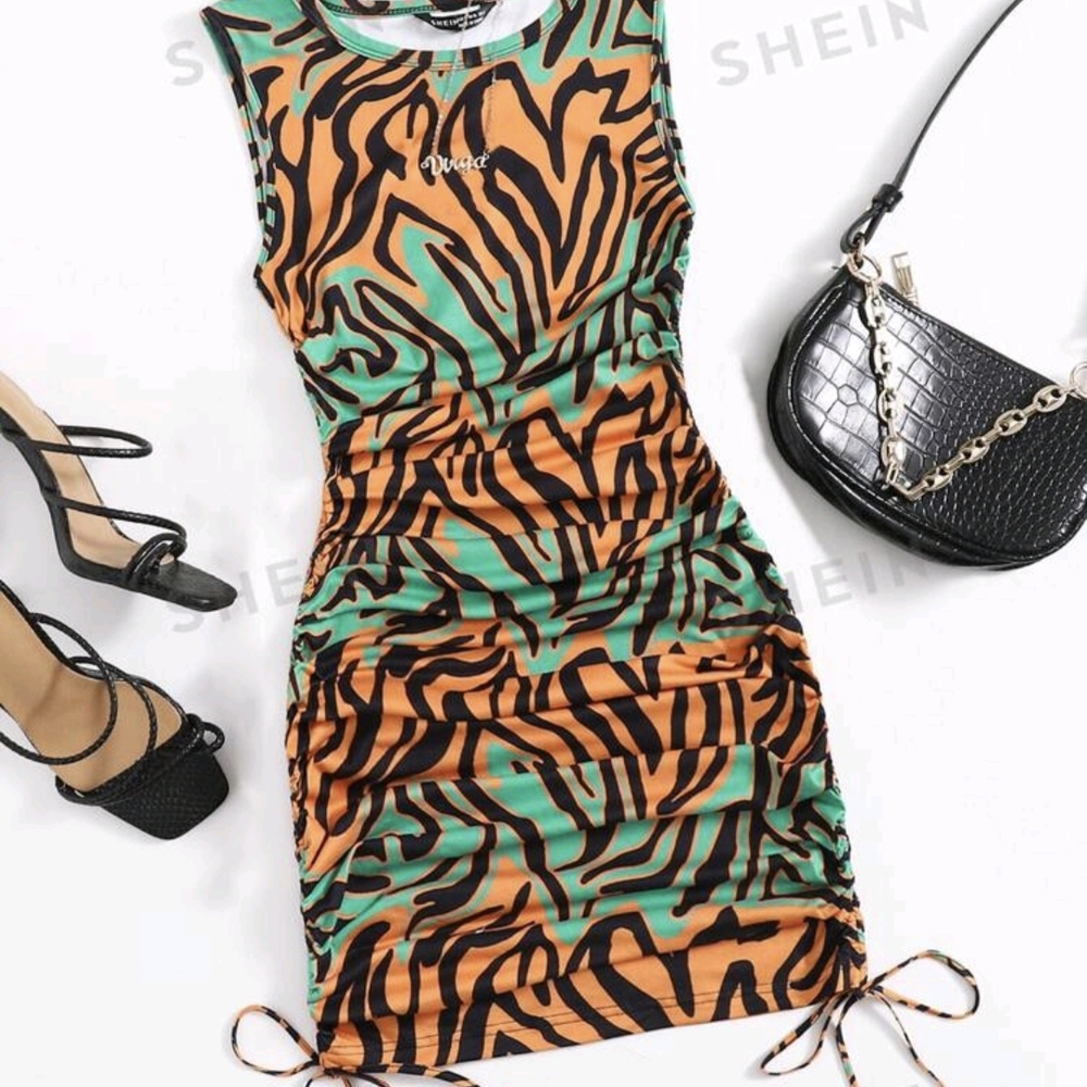 NWT Shein Animal Print Orange Green Side Ruched Drawstring Slip On Dress Size L